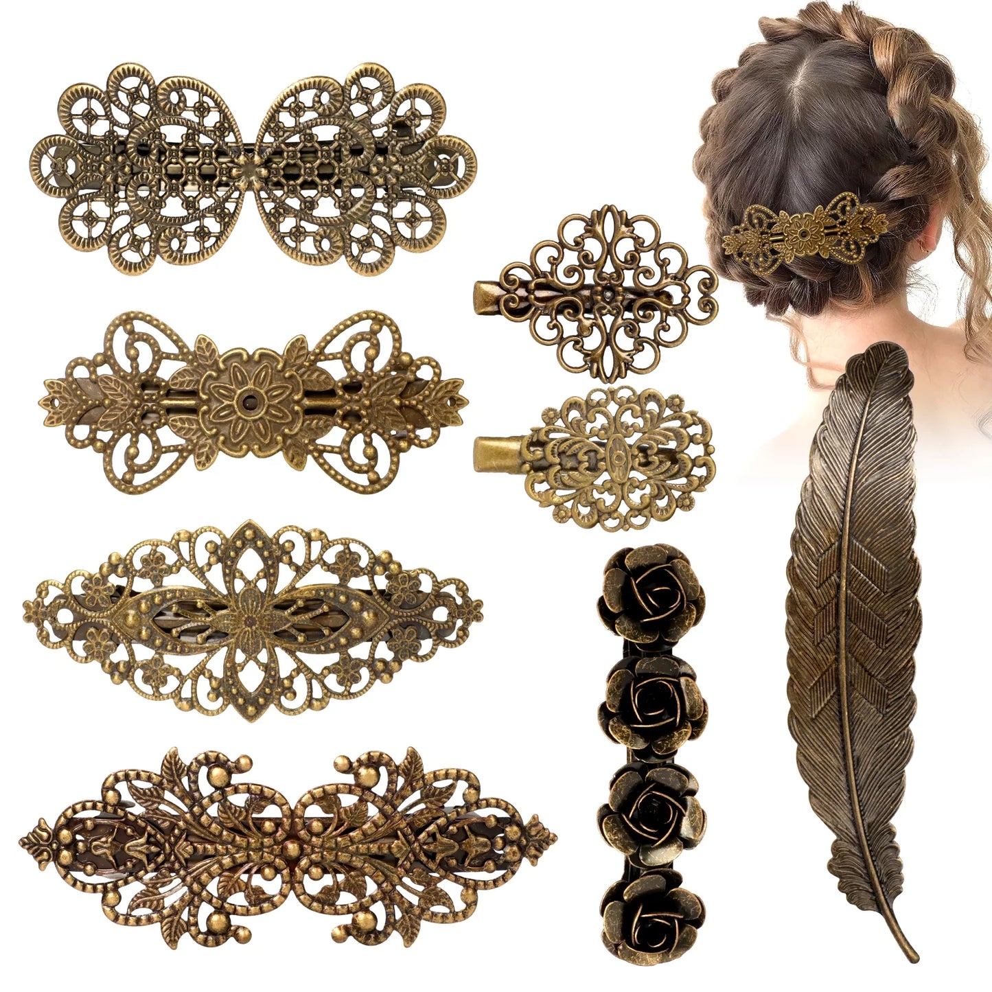 8Pcs Vintage Metal Hair Clips, Bronze Retro French Barrettes, Geometric Hollow Hair Pins for Women Girls, Hair Styling Accessories