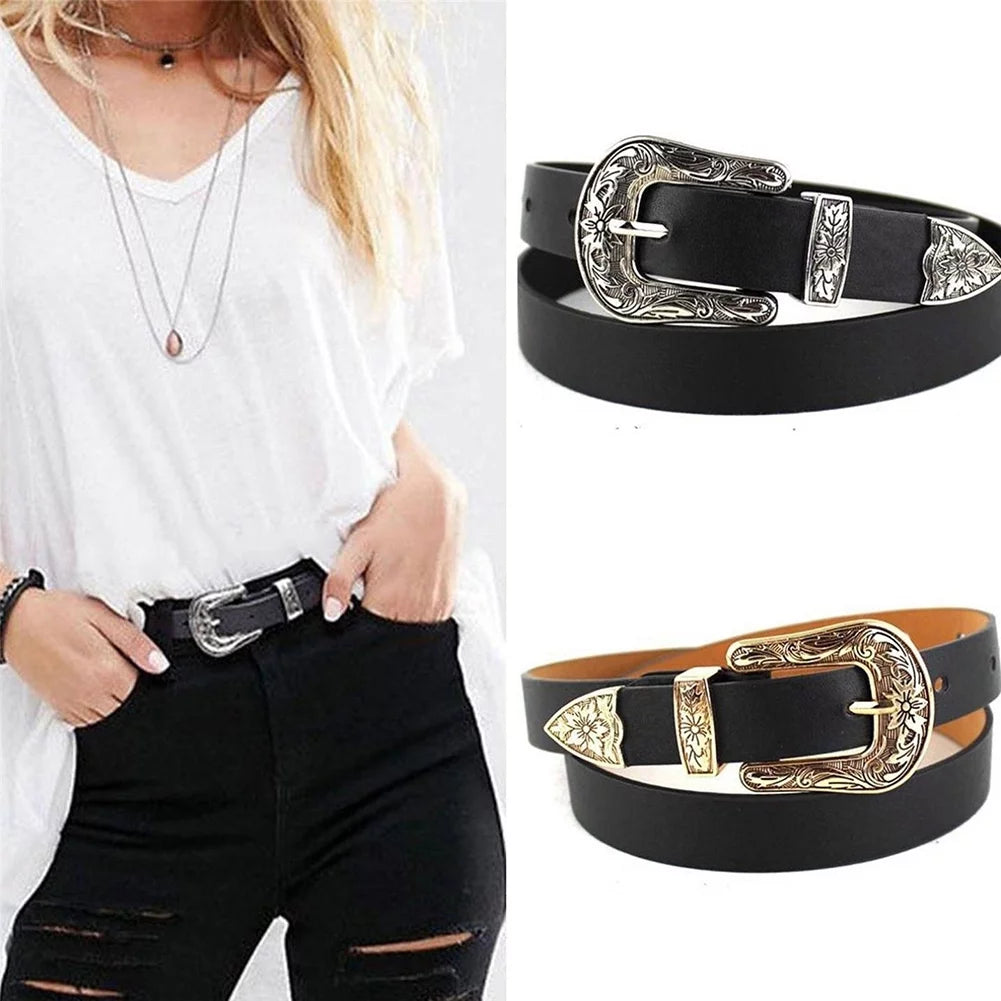 Women Faux Leather Single/Double Buckle Western Cowgirl Waist Belt Waistband Style 4 One Size