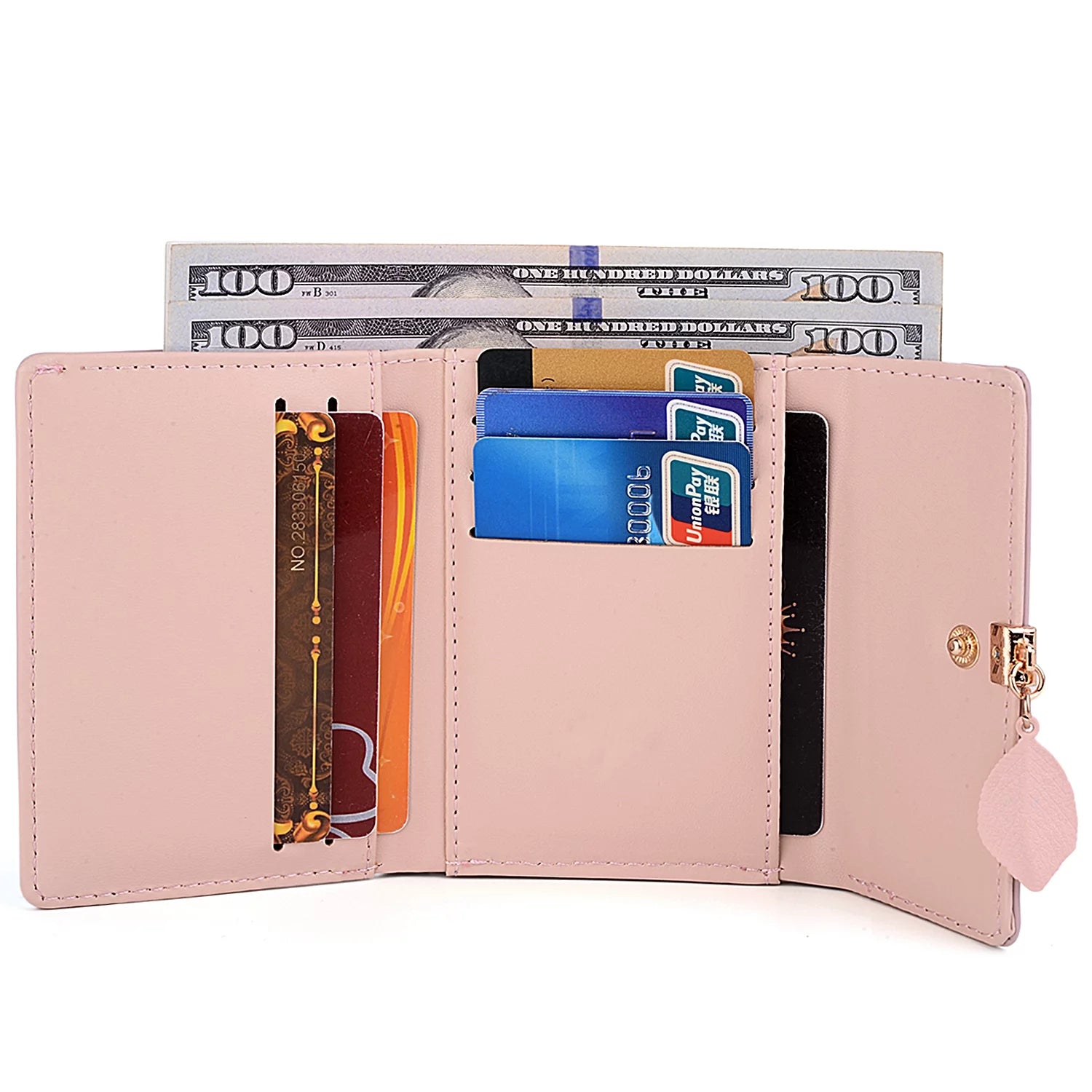 Small Wallet for Women PU Leather RFID Blocking Coin Purse Card Holder Trifold Ladies Purse Leaf Pendant(Pink)