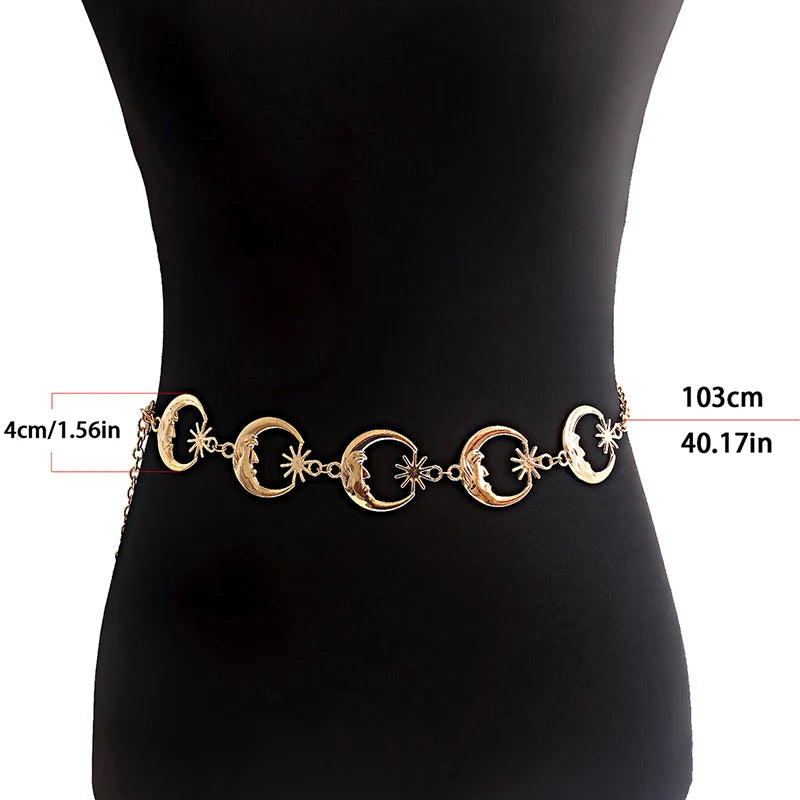 Silver Gold Classic Harajuku Style Punk Gothic Moon Sun Metal Belts Women Vintage High Waist Chain Waist Belts Pendant Belts