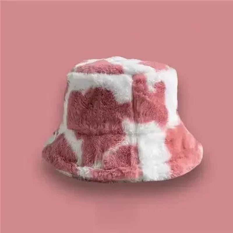 INS Autumn and Winter Leopard Print Pattern Fisherman Hat Women'S Fleece Thick Cow Print Pot Hat Fashion Versatile Bowler Caps