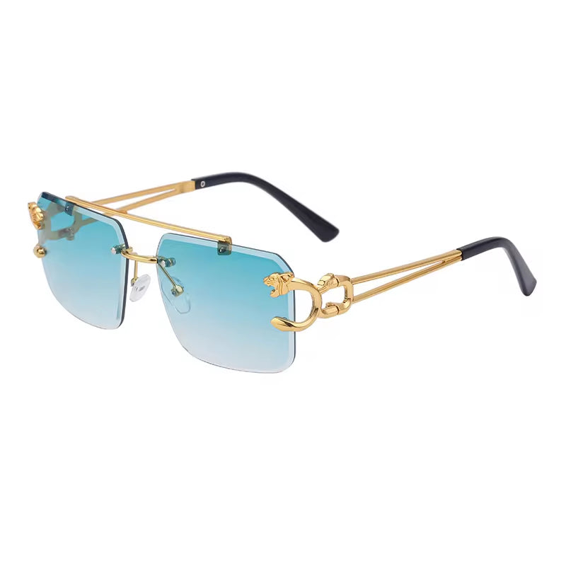 Fashion Metal Leopard Rimless Sunglasses Double Bridges Gradient Ocean Film Shades UV400