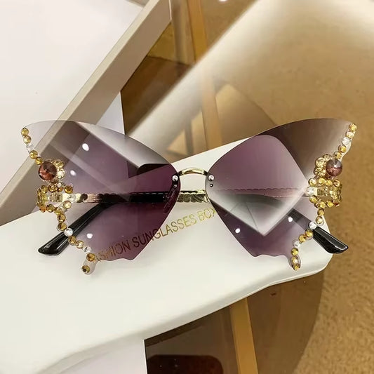 Luxury Diamond Butterfly Sunglasses Women Brand Y2K Vintage Rimless Oversized Sun Glasses Ladies Eyewear Gafas De Sol