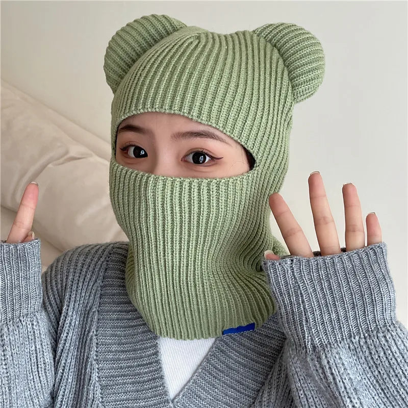 New Warm Winter Women Hat Cute Bear Ears Balaclava Scarf Female Outdoor Bikes Sports Knitted Wool Full Face Ski Mask Beanie Cap