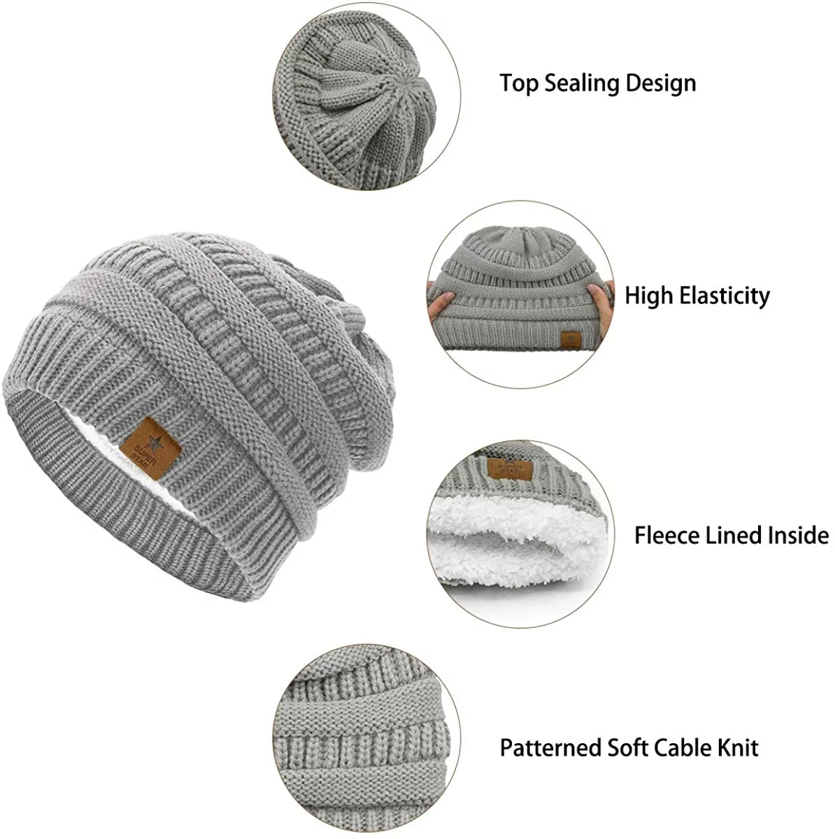 Womens Knit Beanie Winter Thick Fleece Lined Beanie Hats for Women Men Unisex Warm Skiing Beanies Black & Light Grey & Ivory 3 Packs