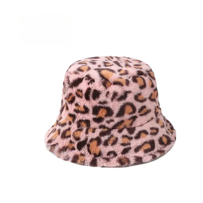 INS Autumn and Winter Leopard Print Pattern Fisherman Hat Women'S Fleece Thick Cow Print Pot Hat Fashion Versatile Bowler Caps