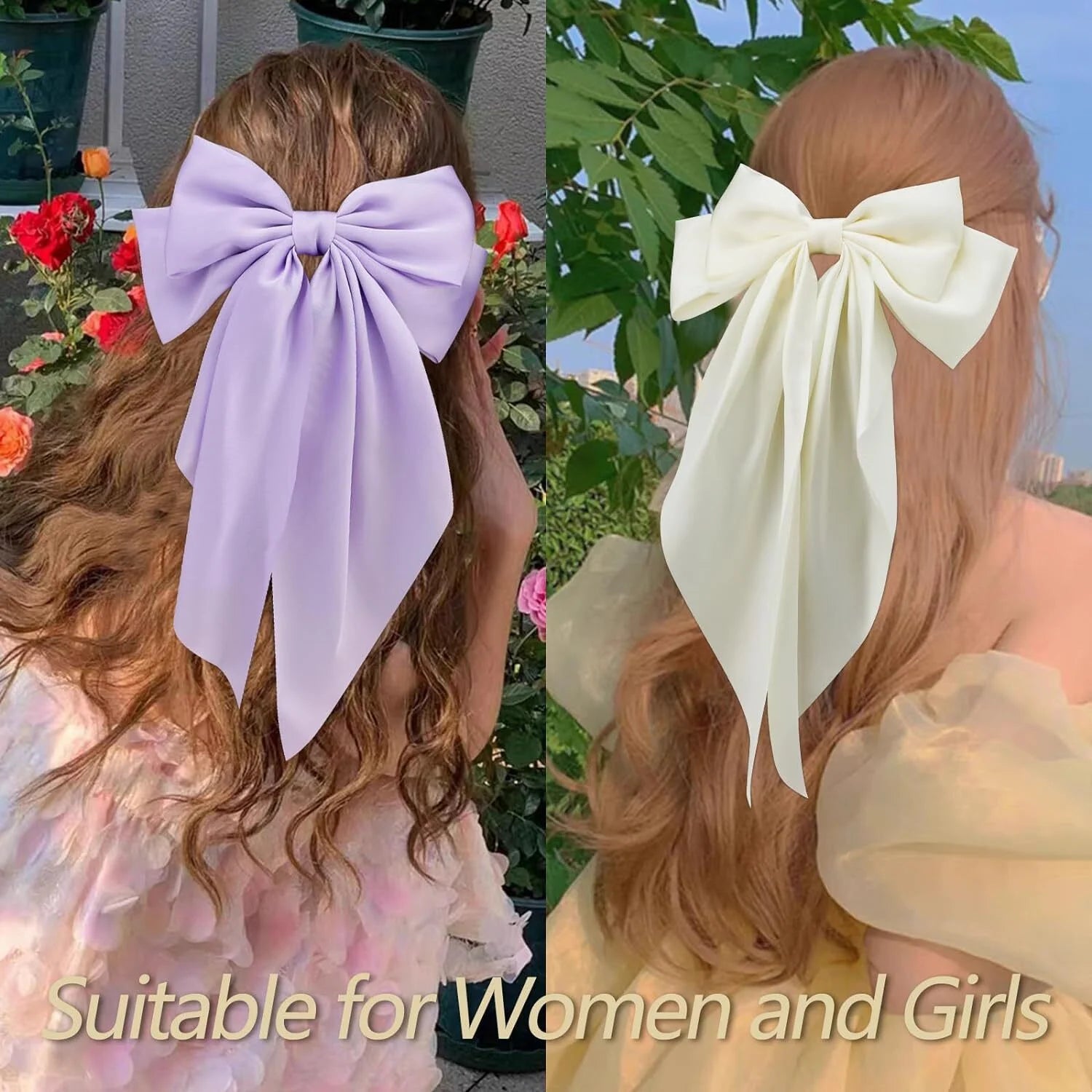 3Pcs Hair Bows for Women White Hair Bow Pink Hair Bow Purple Big Hair Bows Clips for Girls Silky Satin Large Hair Ribbons Oversized Long Tail Hair Bows Hair Barrettes Hair Accessories Gifts