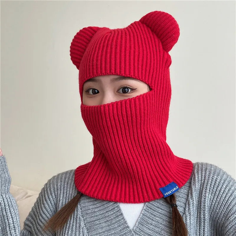 New Warm Winter Women Hat Cute Bear Ears Balaclava Scarf Female Outdoor Bikes Sports Knitted Wool Full Face Ski Mask Beanie Cap