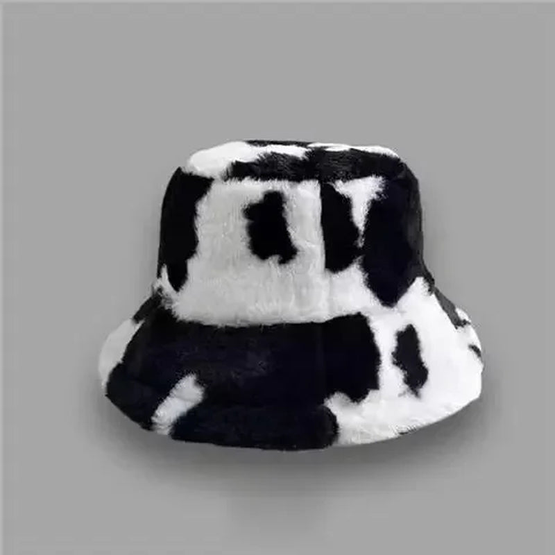 INS Autumn and Winter Leopard Print Pattern Fisherman Hat Women'S Fleece Thick Cow Print Pot Hat Fashion Versatile Bowler Caps