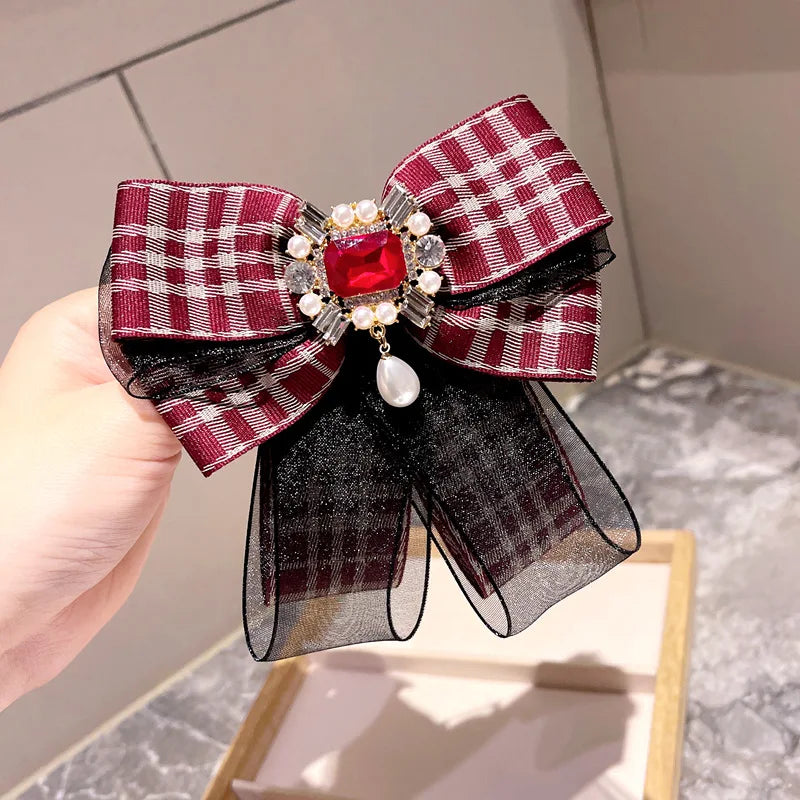 New Fabric Ribbon Bow Tie Brooch Rhinestone Crystal Bowkont Shirt Collar Pin Luxulry Jewelry for Women Clothing Accessories