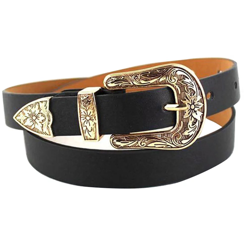 Women Faux Leather Single/Double Buckle Western Cowgirl Waist Belt Waistband Style 4 One Size