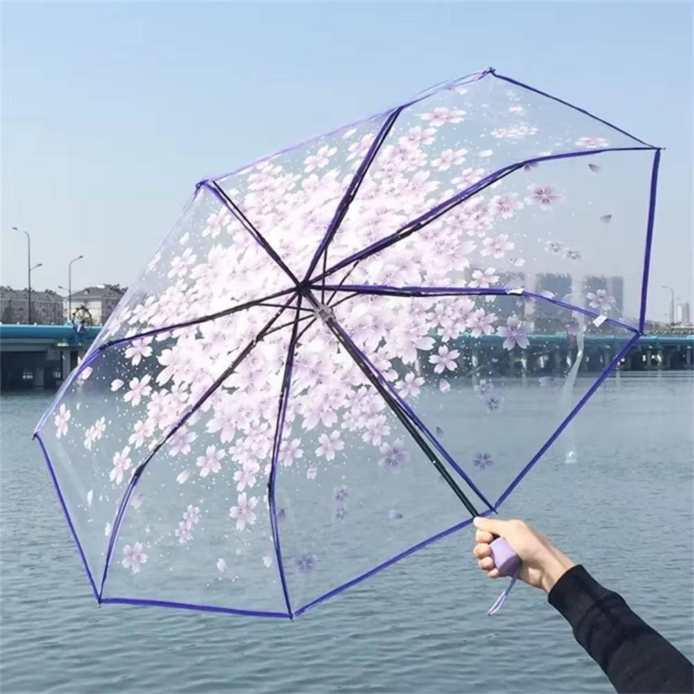 Korean Umbrella Folding Cute Korean Mini Fresh Simple Sen Series Trifold Cherry Blossom Transparent Japanese Umbrella