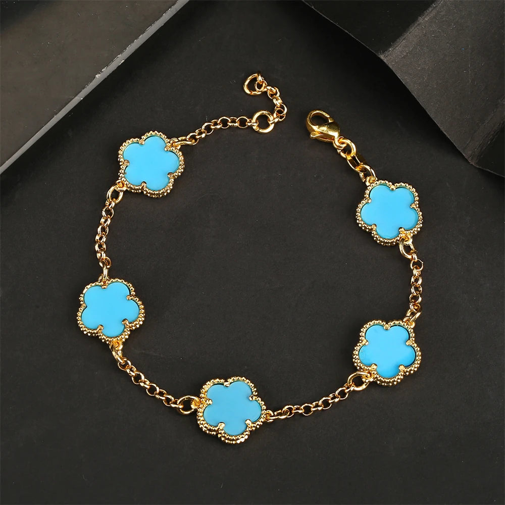 2023 Hot Selling Five Leaf Flower Bracelet Natural Stone Malachite Shell Flower Bracelet 11 Colors Ladies Charm Jewelry Bracelet