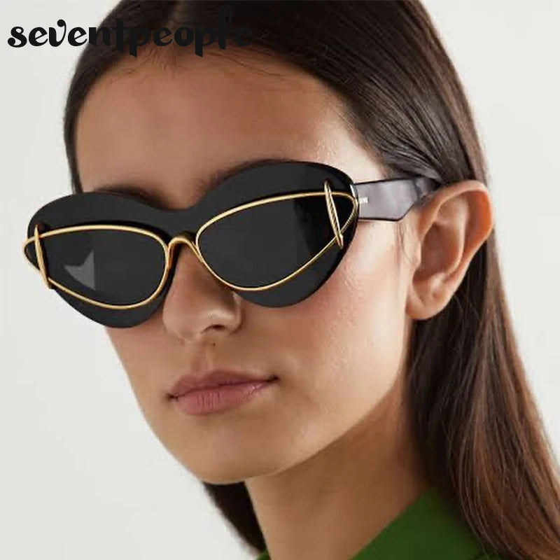 Double Frame Cat Eye Sunglasses Women 2024 Luxury Brand Designer New Fashion Cateye Sun Glasses for Men Trending Sunglass Unisex