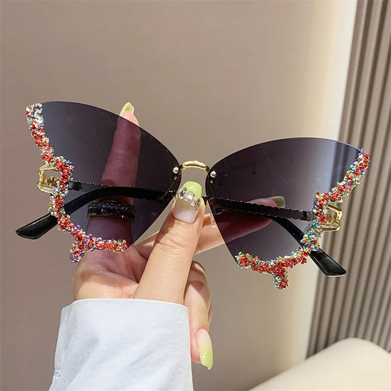 Fashion Sparkling Rhinestone Rimless Butterfly Sunglasses Y2K Women Luxury Brand Vintage Sun Glasses Ladies Eyewear Gafas De Sol