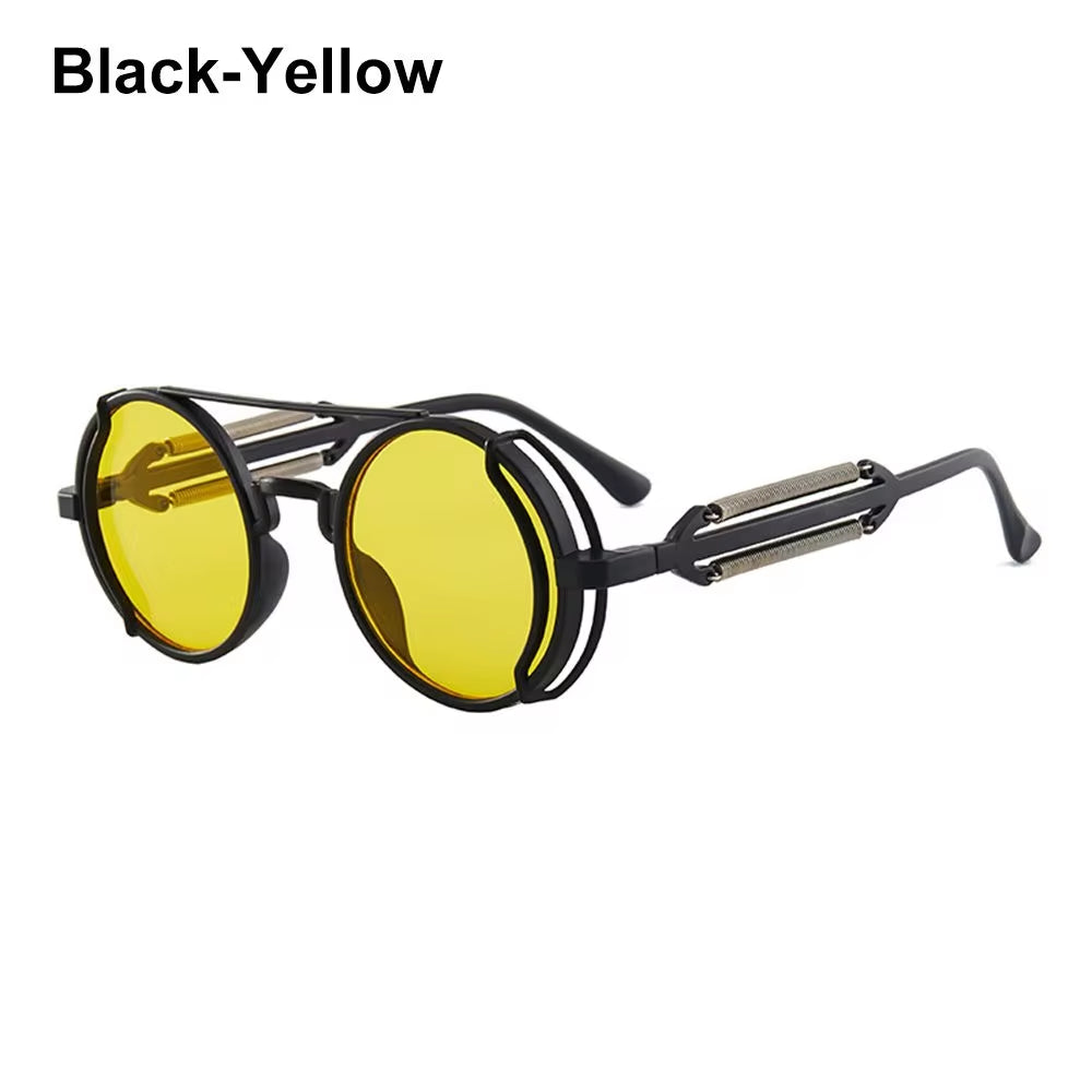 Gothic Style Steampunk Sunglasses Double Spring Temples round Sunglasses UV400 Protection Men'S Eyewear Trendy Punk Sun Glasses