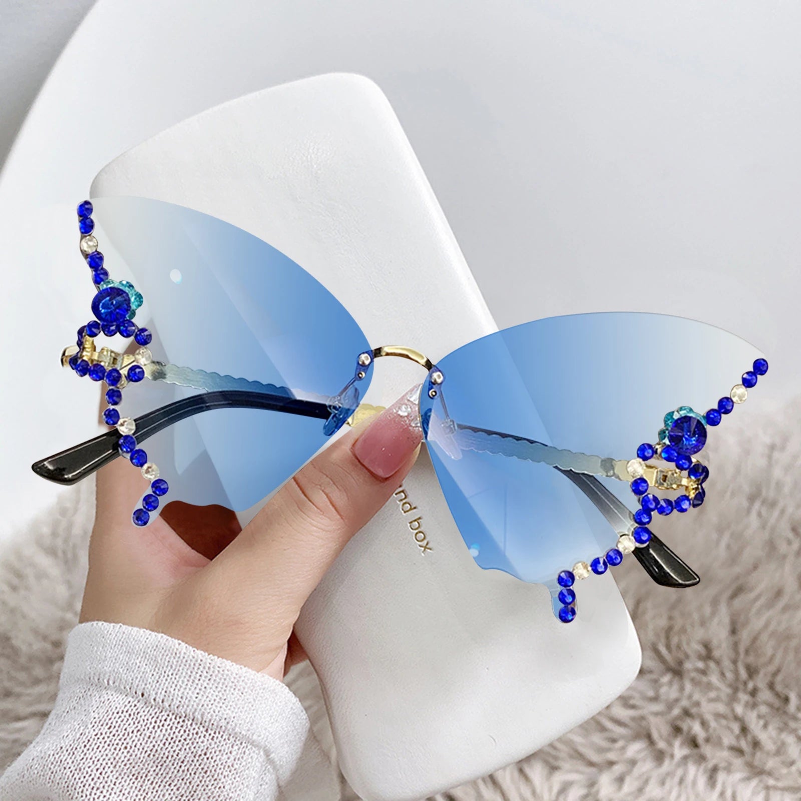 Fashion Sparkling Rhinestone Rimless Butterfly Sunglasses Y2K Women Luxury Brand Vintage Sun Glasses Ladies Eyewear Gafas De Sol