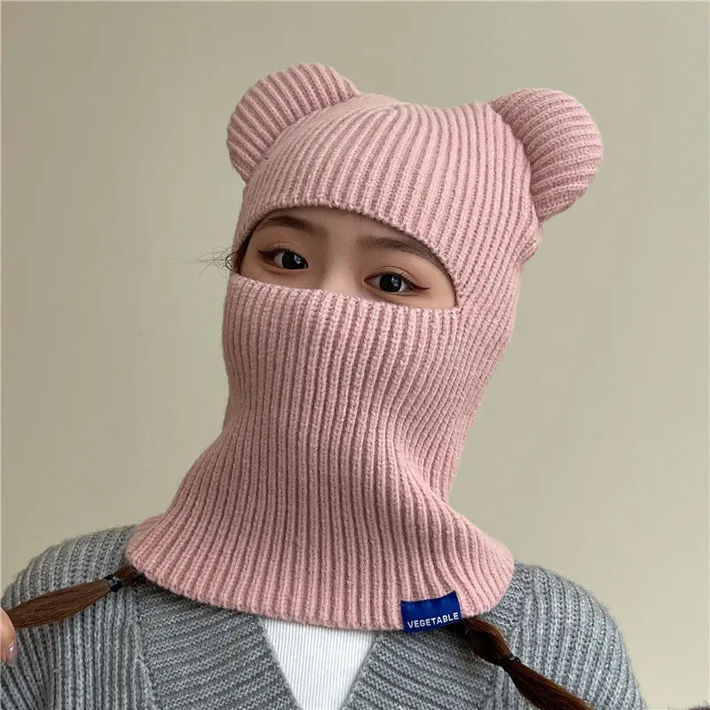 New Warm Winter Women Hat Cute Bear Ears Balaclava Scarf Female Outdoor Bikes Sports Knitted Wool Full Face Ski Mask Beanie Cap