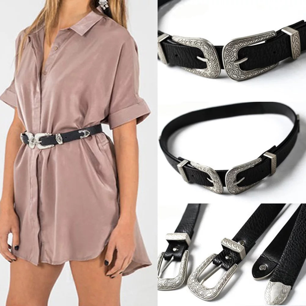 Women Faux Leather Single/Double Buckle Western Cowgirl Waist Belt Waistband Style 4 One Size