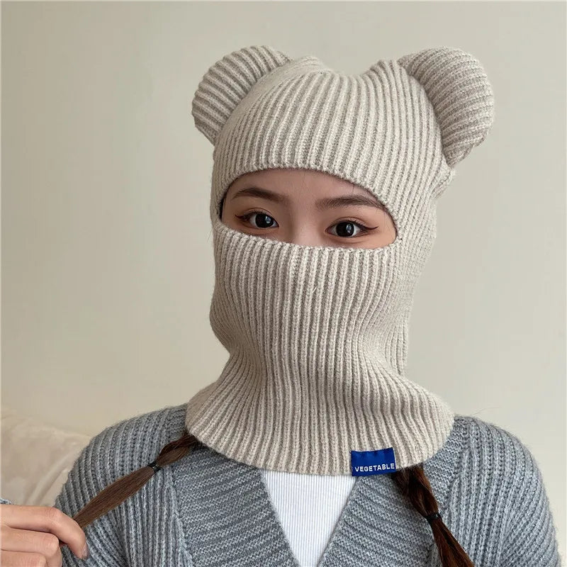 New Warm Winter Women Hat Cute Bear Ears Balaclava Scarf Female Outdoor Bikes Sports Knitted Wool Full Face Ski Mask Beanie Cap