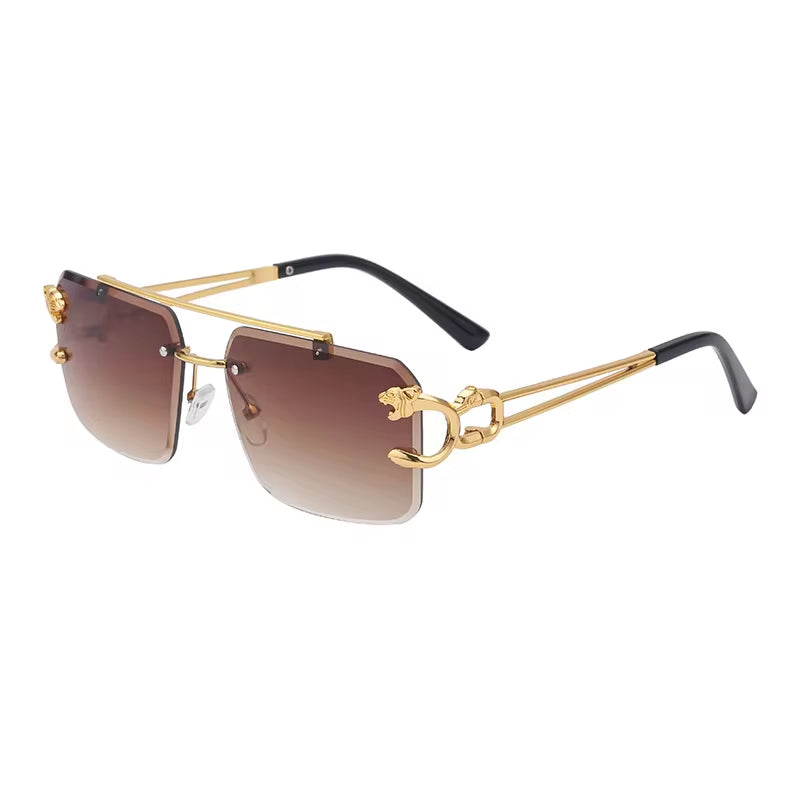 Fashion Metal Leopard Rimless Sunglasses Double Bridges Gradient Ocean Film Shades UV400