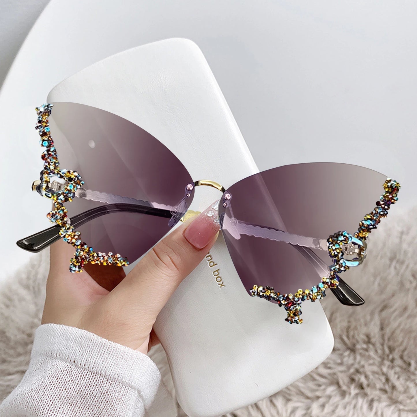 Fashion Sparkling Rhinestone Rimless Butterfly Sunglasses Y2K Women Luxury Brand Vintage Sun Glasses Ladies Eyewear Gafas De Sol