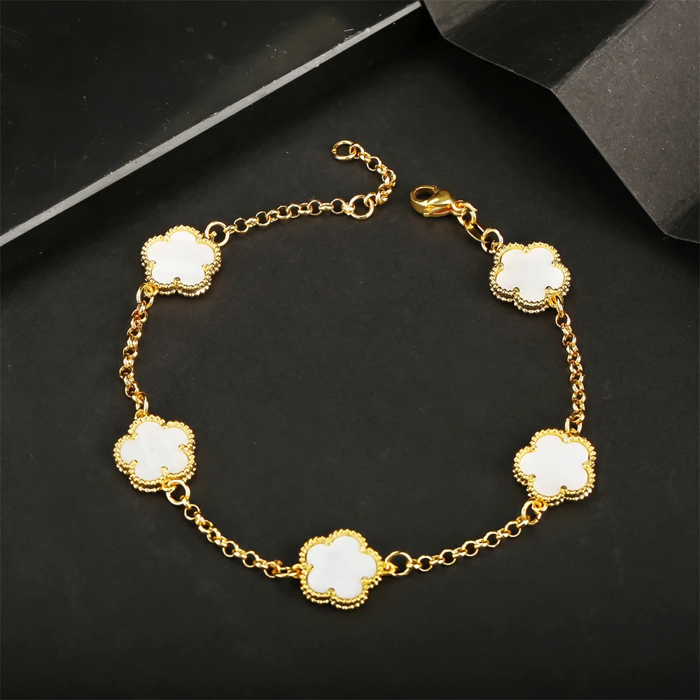 2023 Hot Selling Five Leaf Flower Bracelet Natural Stone Malachite Shell Flower Bracelet 11 Colors Ladies Charm Jewelry Bracelet