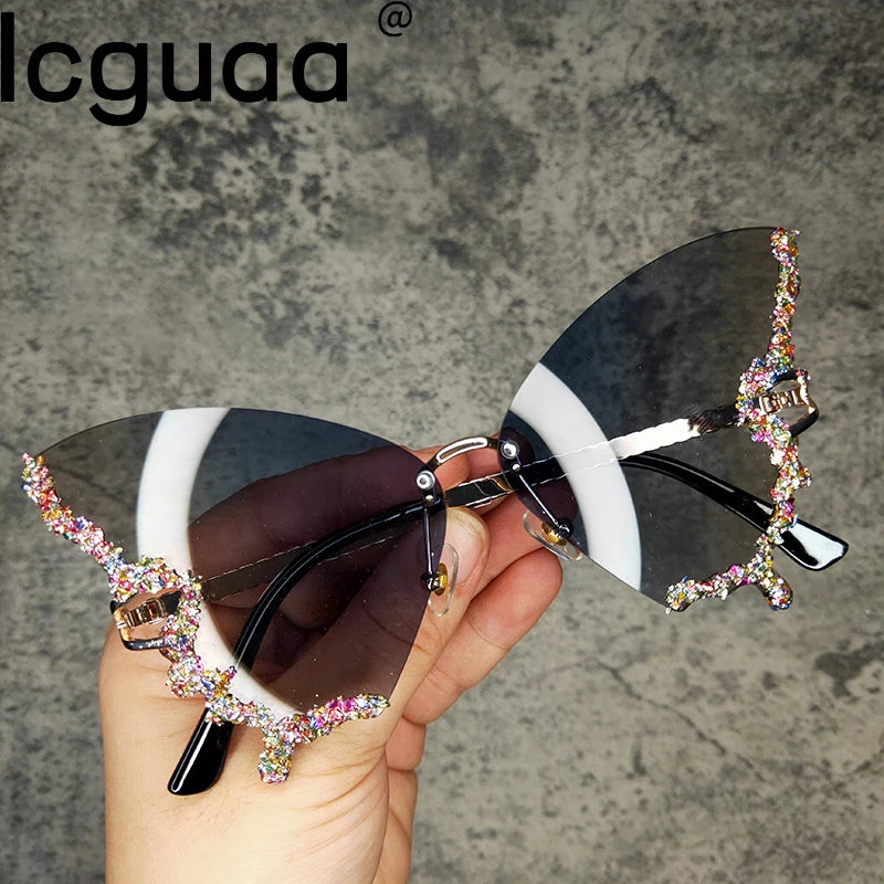 Butterfly Diamond Luxury Brand Designer Sunglasses Trendy Fashion Rimless Crystal Sun Glasses Bling Diamond Eyewear