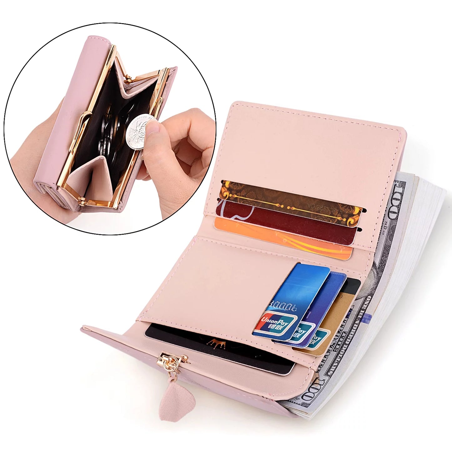 Small Wallet for Women PU Leather RFID Blocking Coin Purse Card Holder Trifold Ladies Purse Leaf Pendant(Pink)