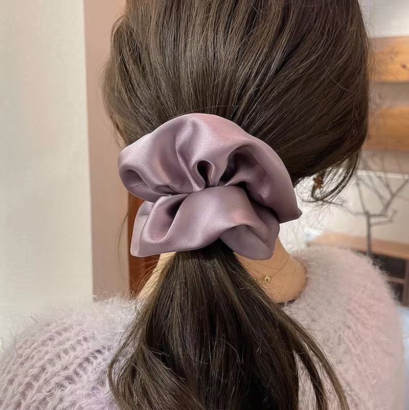 Newest Korean Woman Big Elegant Silk Elastics Hair Band Solid Color Scrunchies Hair Ties Ladies Ponytail Hold Hair Accessories