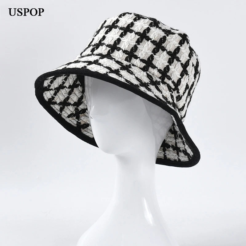 New Autumn Winter Women Bucket Hats Tweed Plaid Wide Brim Bucket Hats Panama Hats