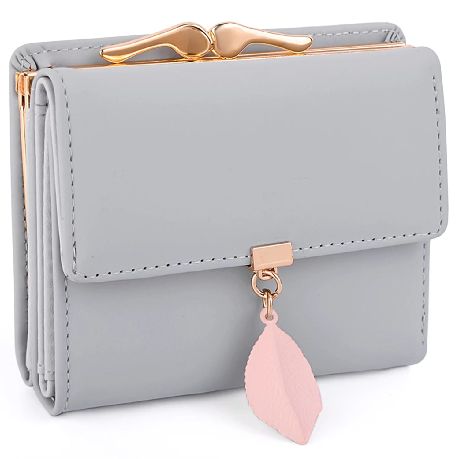 Womens Wallet PU Leather RFID Blocking Card Holder Elegant Zipper Coin Purse Leaf Pendant(Off White)