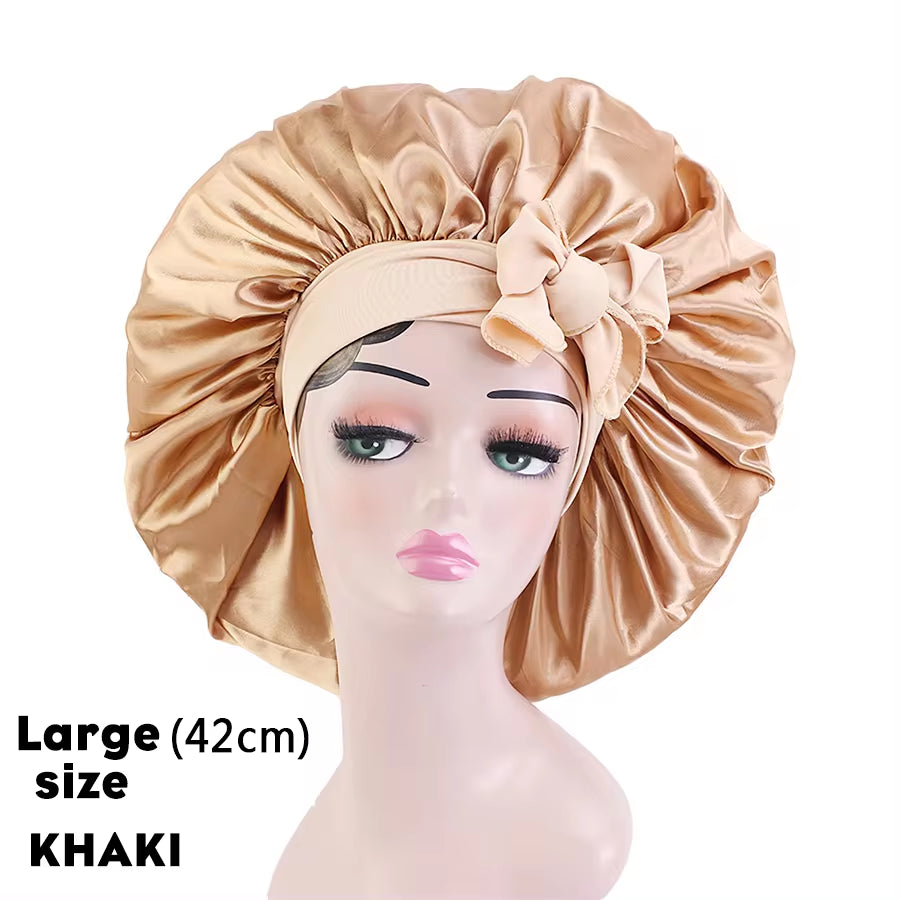 Custom Logo Women'S Satin Bonnet with Wide Stretch Ties Band Long Tail Bonnet Satin Cheveux Nuit Silk Sleeping Night Cap Bonnets