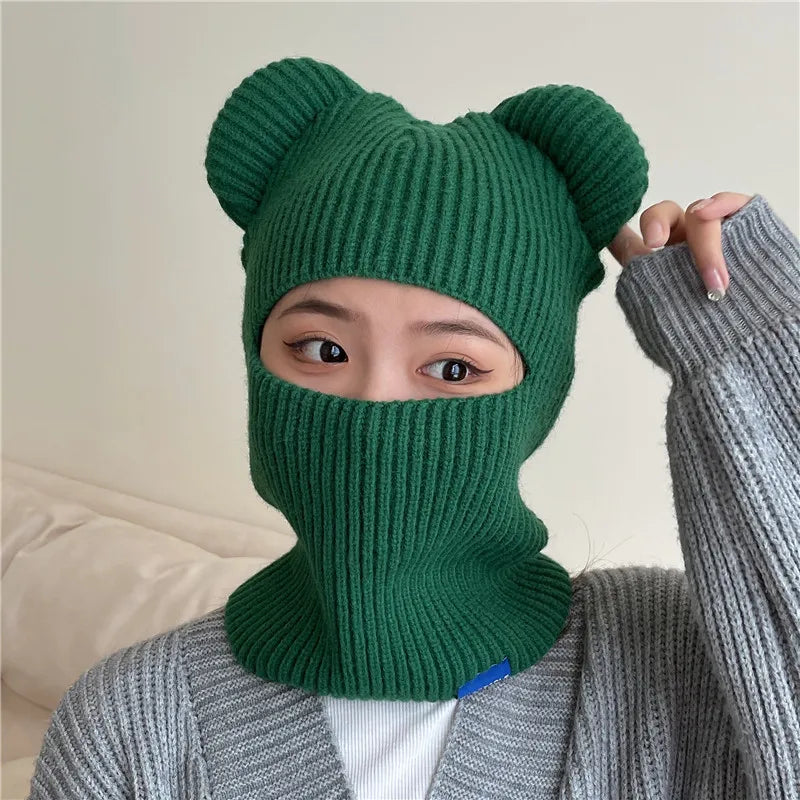 New Warm Winter Women Hat Cute Bear Ears Balaclava Scarf Female Outdoor Bikes Sports Knitted Wool Full Face Ski Mask Beanie Cap