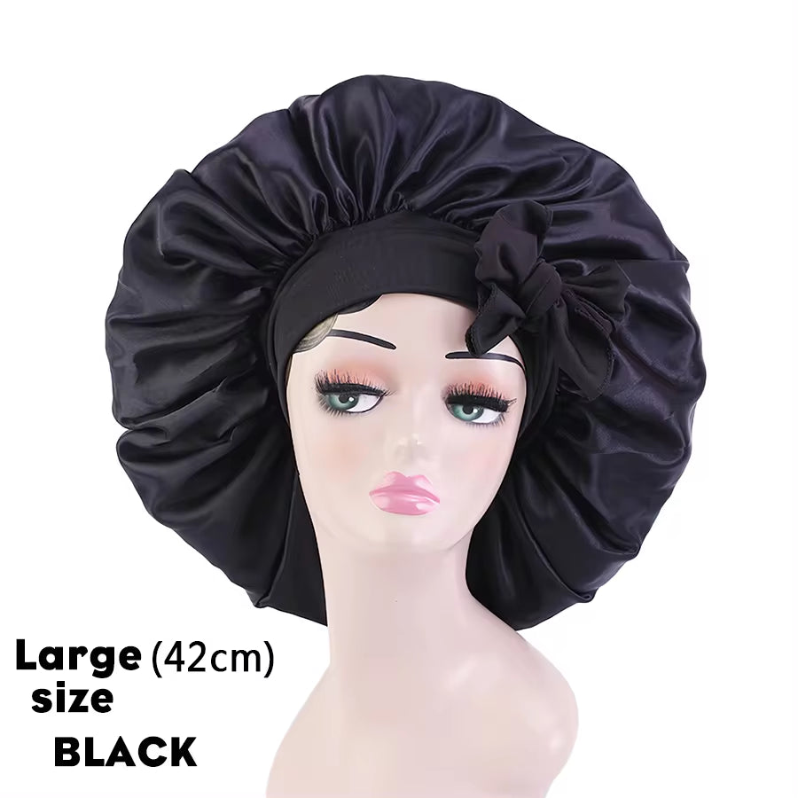 Custom Logo Women'S Satin Bonnet with Wide Stretch Ties Band Long Tail Bonnet Satin Cheveux Nuit Silk Sleeping Night Cap Bonnets