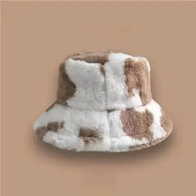 INS Autumn and Winter Leopard Print Pattern Fisherman Hat Women'S Fleece Thick Cow Print Pot Hat Fashion Versatile Bowler Caps