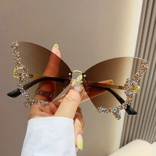 Luxury Diamond Butterfly Sunglasses Women Brand Y2K Vintage Rimless Oversized Sun Glasses Ladies Eyewear