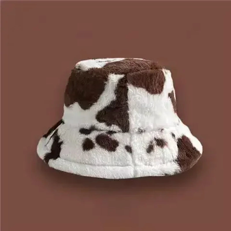 INS Autumn and Winter Leopard Print Pattern Fisherman Hat Women'S Fleece Thick Cow Print Pot Hat Fashion Versatile Bowler Caps