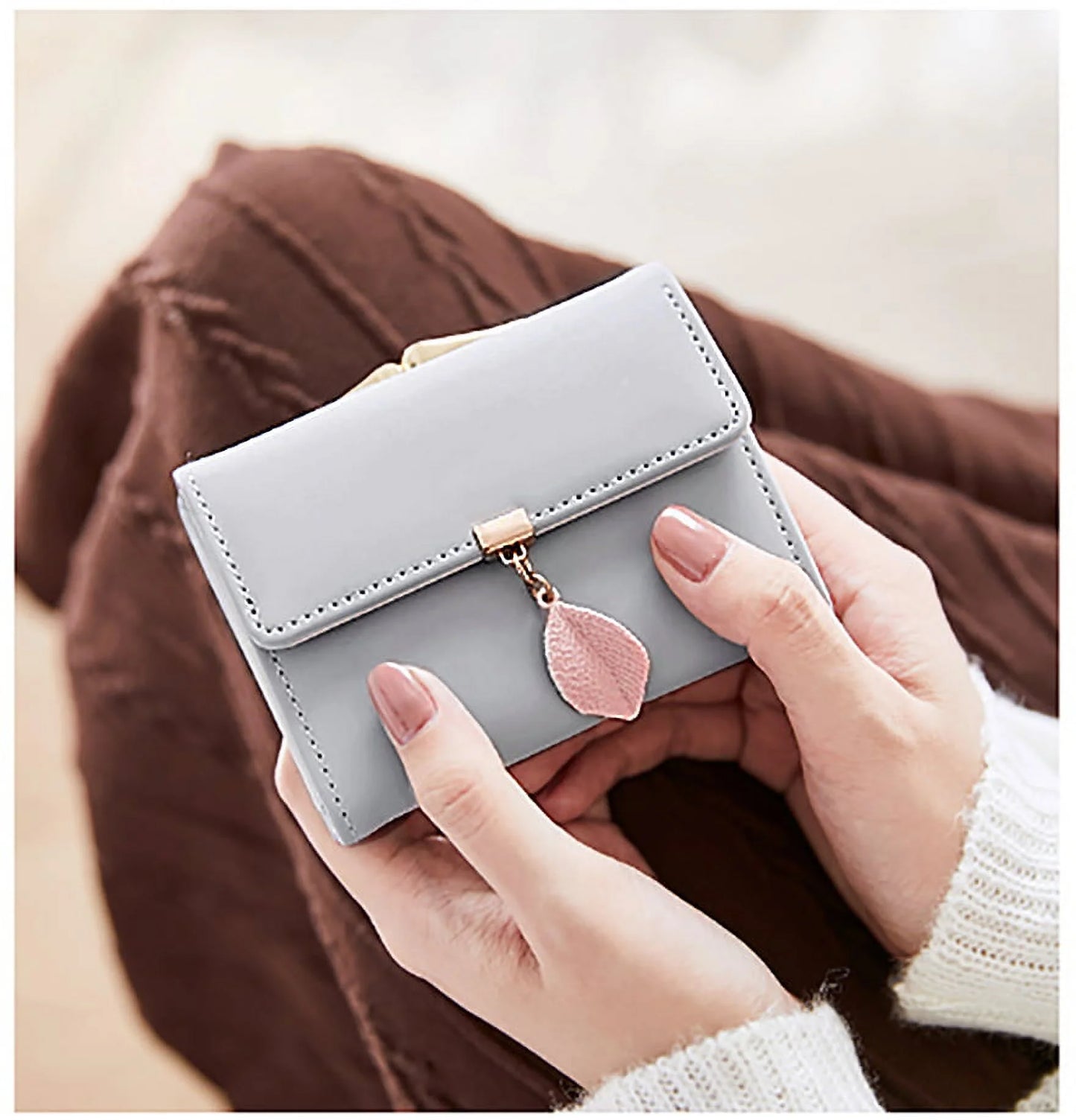 Womens Wallet PU Leather RFID Blocking Card Holder Elegant Zipper Coin Purse Leaf Pendant(Off White)