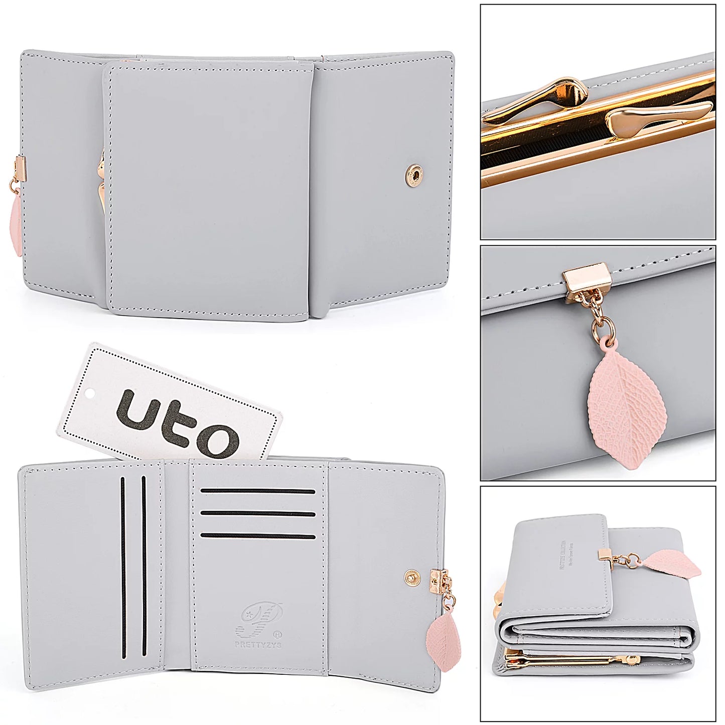 Womens Wallet PU Leather RFID Blocking Card Holder Elegant Zipper Coin Purse Leaf Pendant(Off White)