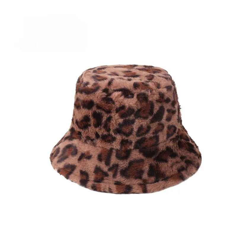 INS Autumn and Winter Leopard Print Pattern Fisherman Hat Women'S Fleece Thick Cow Print Pot Hat Fashion Versatile Bowler Caps