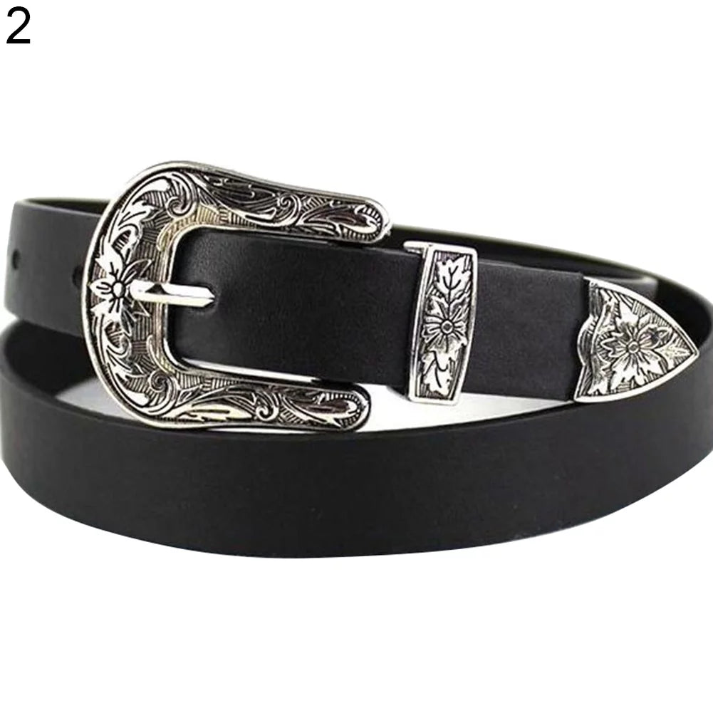 Women Faux Leather Single/Double Buckle Western Cowgirl Waist Belt Waistband Style 4 One Size