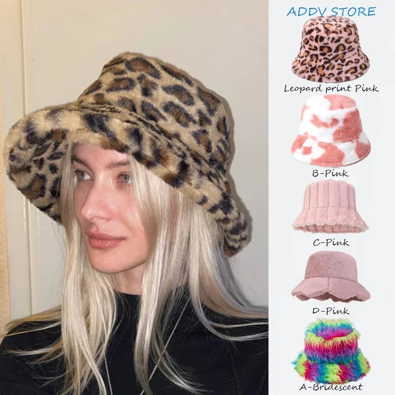 INS Autumn and Winter Leopard Print Pattern Fisherman Hat Women'S Fleece Thick Cow Print Pot Hat Fashion Versatile Bowler Caps