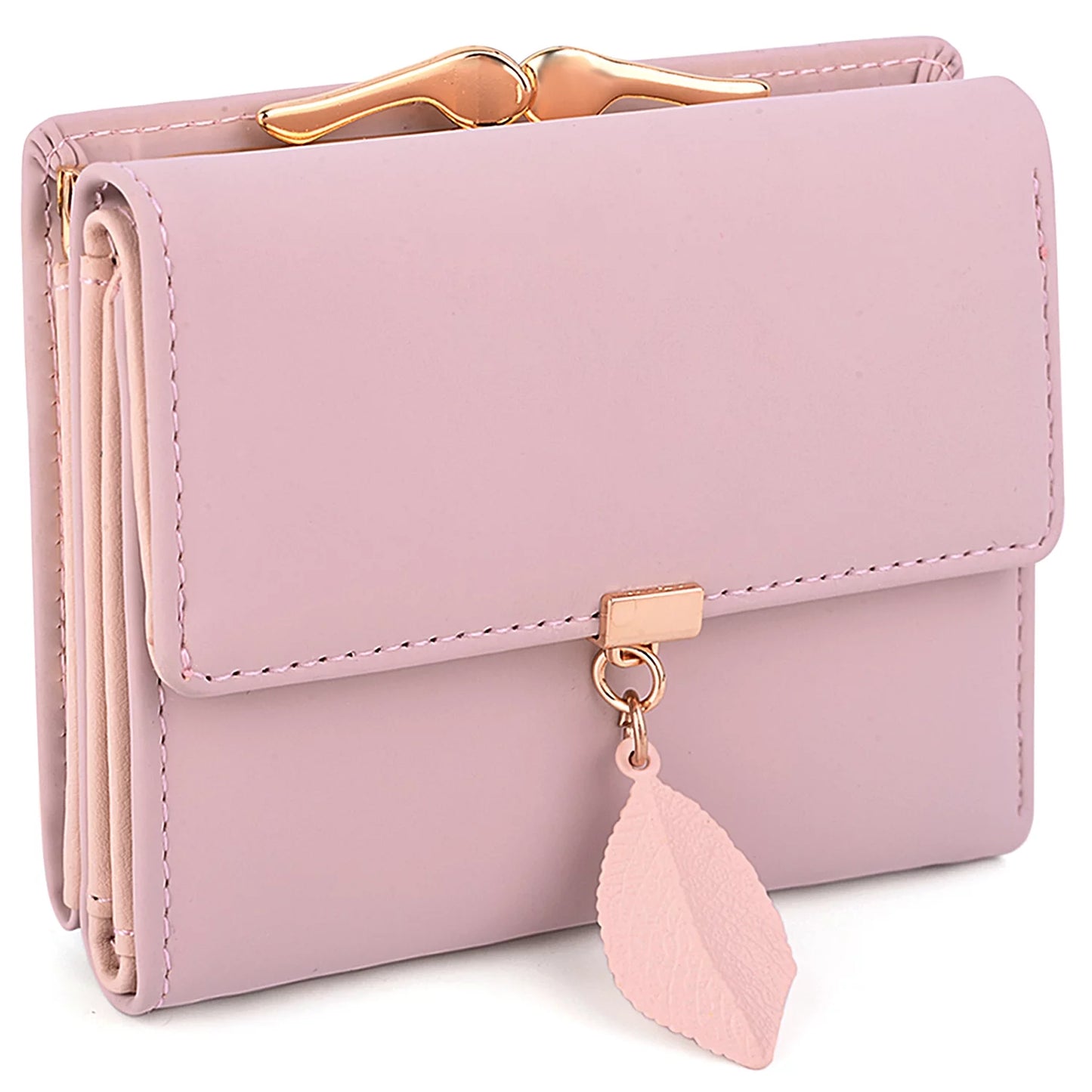 Small Wallet for Women PU Leather RFID Blocking Coin Purse Card Holder Trifold Ladies Purse Leaf Pendant(Pink)