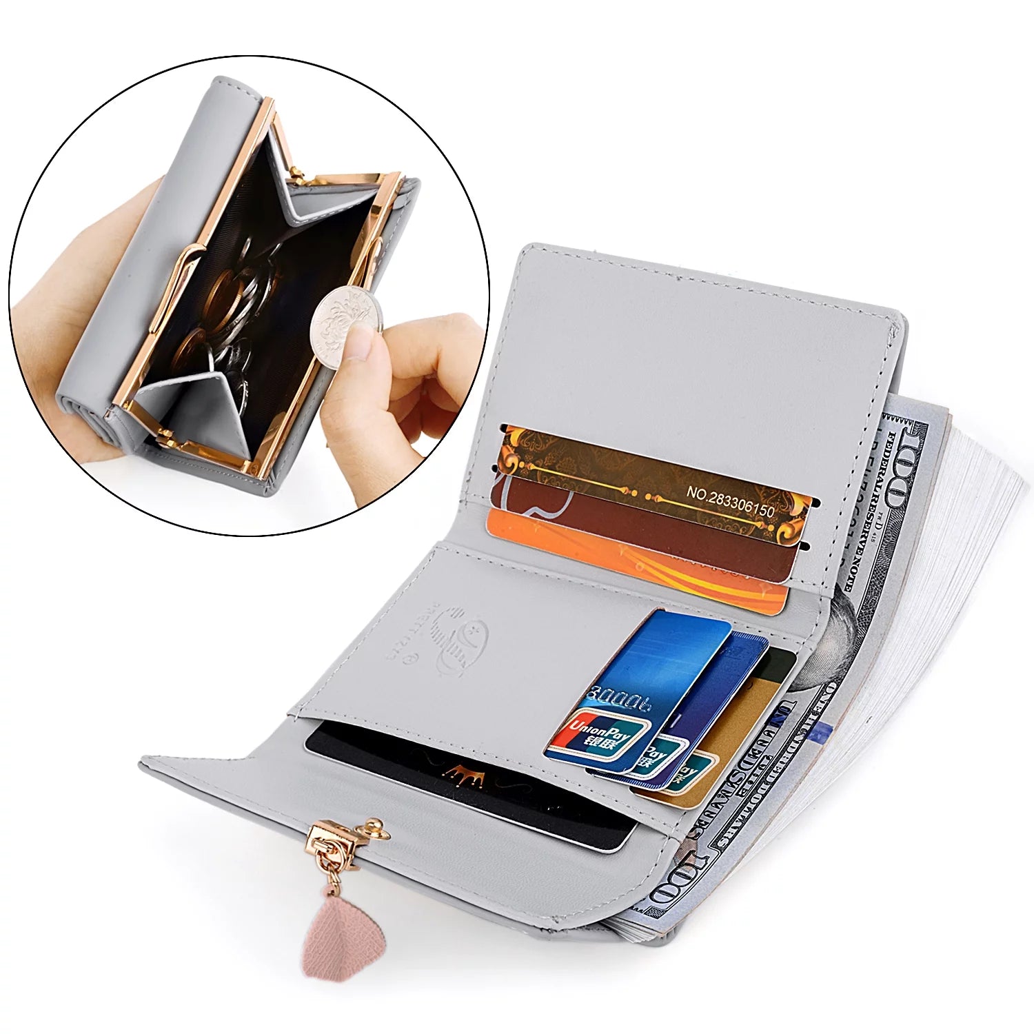 Womens Wallet PU Leather RFID Blocking Card Holder Elegant Zipper Coin Purse Leaf Pendant(Off White)