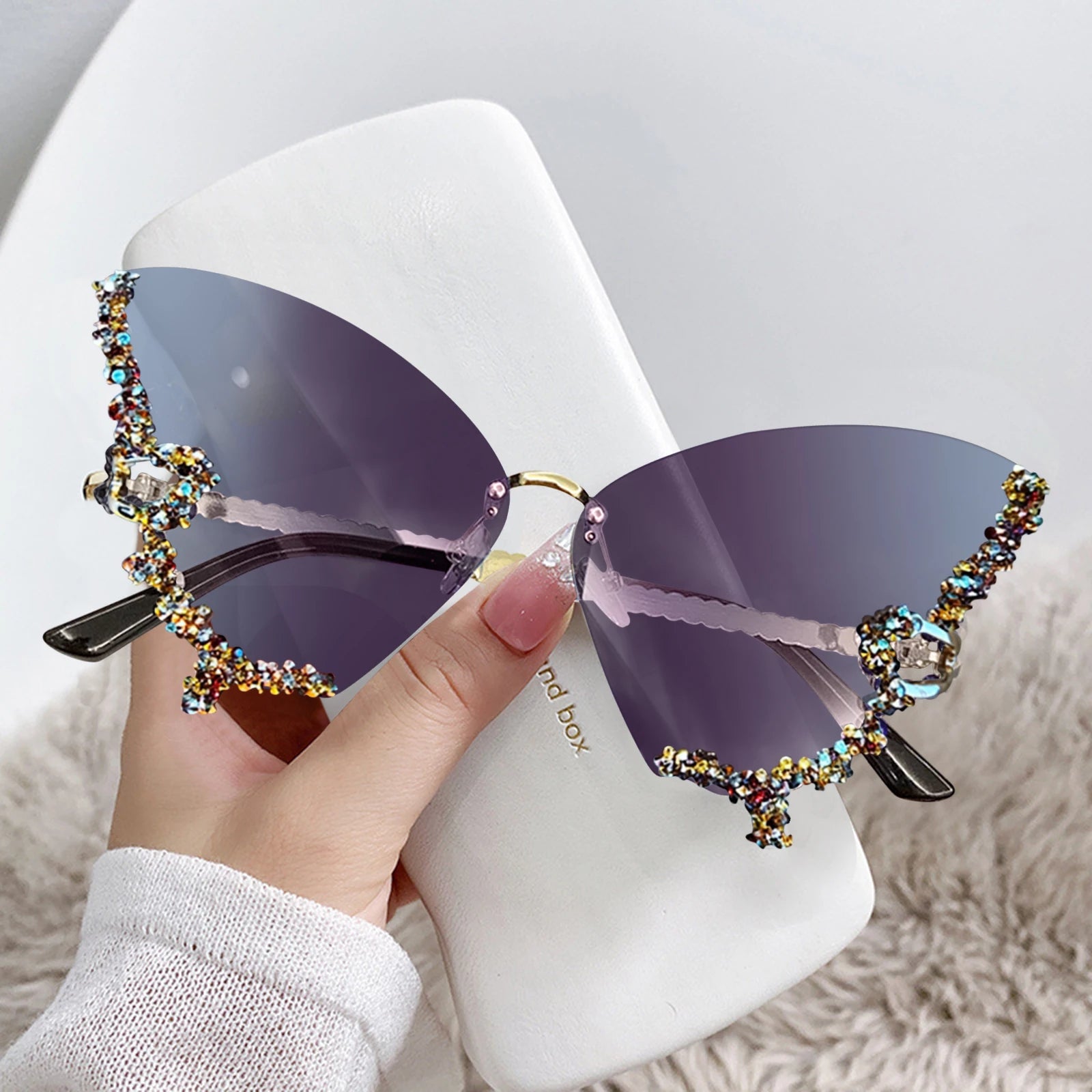 Fashion Sparkling Rhinestone Rimless Butterfly Sunglasses Y2K Women Luxury Brand Vintage Sun Glasses Ladies Eyewear Gafas De Sol