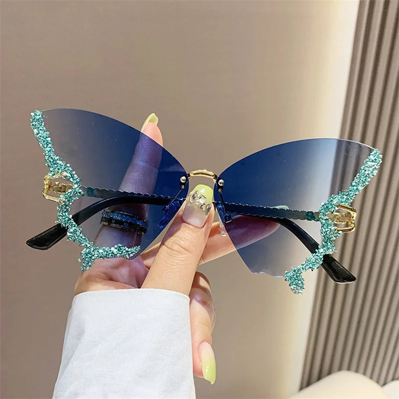 Fashion Sparkling Rhinestone Rimless Butterfly Sunglasses Y2K Women Luxury Brand Vintage Sun Glasses Ladies Eyewear Gafas De Sol