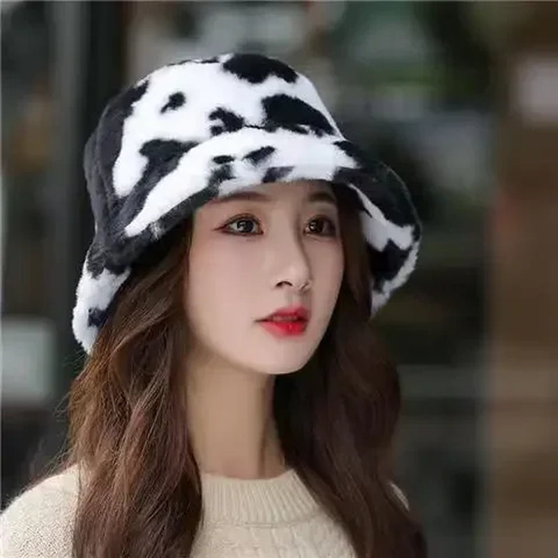 INS Autumn and Winter Leopard Print Pattern Fisherman Hat Women'S Fleece Thick Cow Print Pot Hat Fashion Versatile Bowler Caps