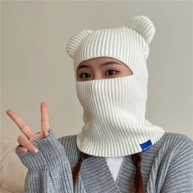 New Warm Winter Women Hat Cute Bear Ears Balaclava Scarf Female Outdoor Bikes Sports Knitted Wool Full Face Ski Mask Beanie Cap